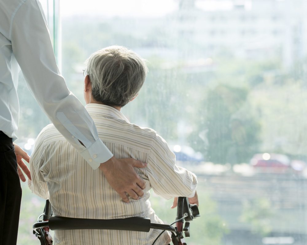 Old man on wheel chair and doctor in hospital Healthcare and Medical concept for comercial